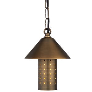 VOLT® Tranquility brass hanging light with lamp shade illuminated.